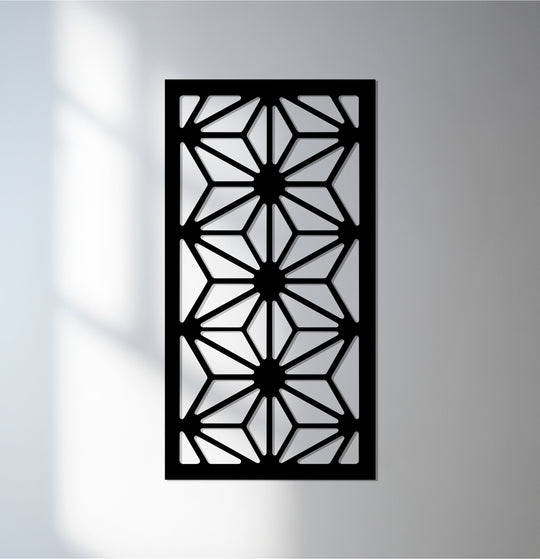 Cool color temperature highlights the stark contrast of the stellar geometry, a modern floral pattern metal decoration wall art piece, against a neutral backdrop.