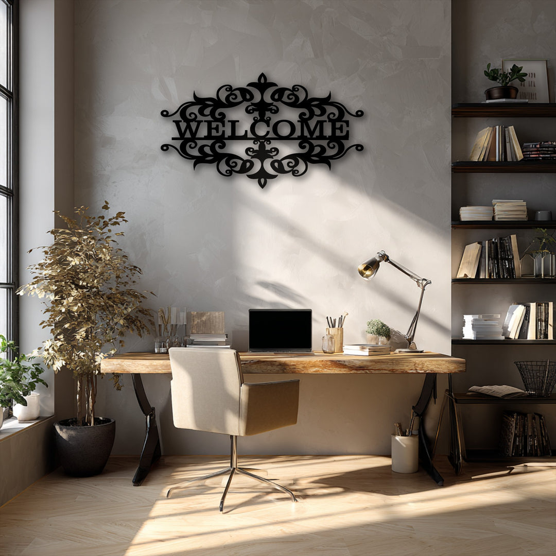 Organic, flowing scrolls frame the ornate Welcome unique metal wall art, casting elegant shadows on a textured wall.