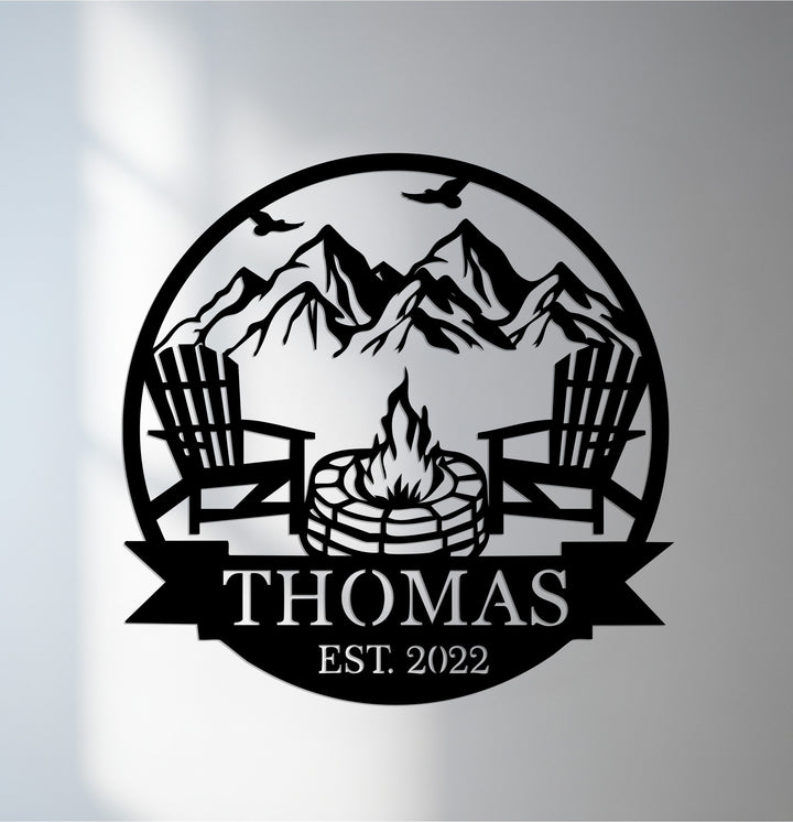 Personalized firepit metal wall art with family name