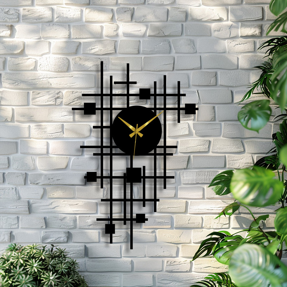 Featuring strong color contrast, the black abstract grid metal wall clock has a striking visual impact against the bright white brick, illustrating a modern metal art for wall display.