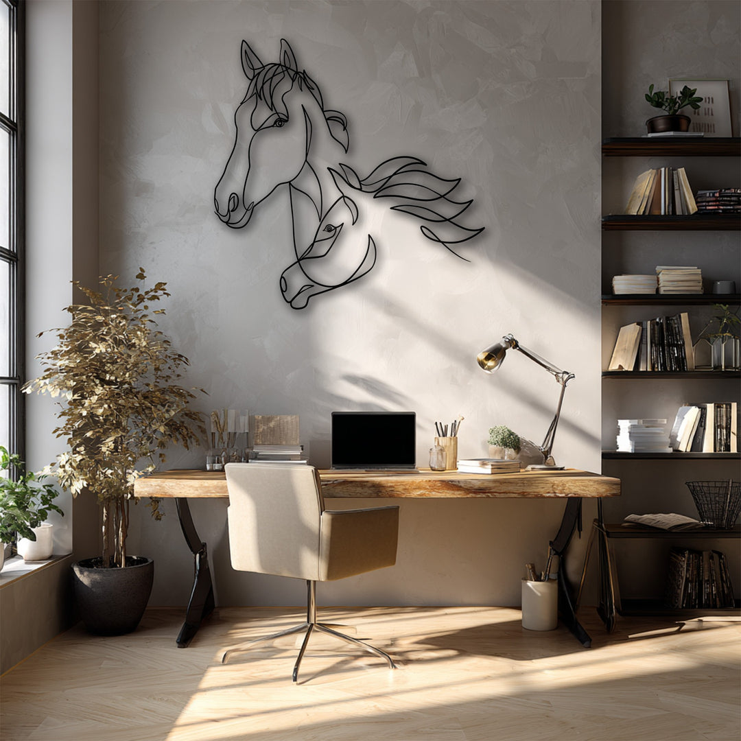 Light neutral tones highlight the elegant Flowing Horse Line Art, a minimalist dual horse metal decoration wall art in a modern study.