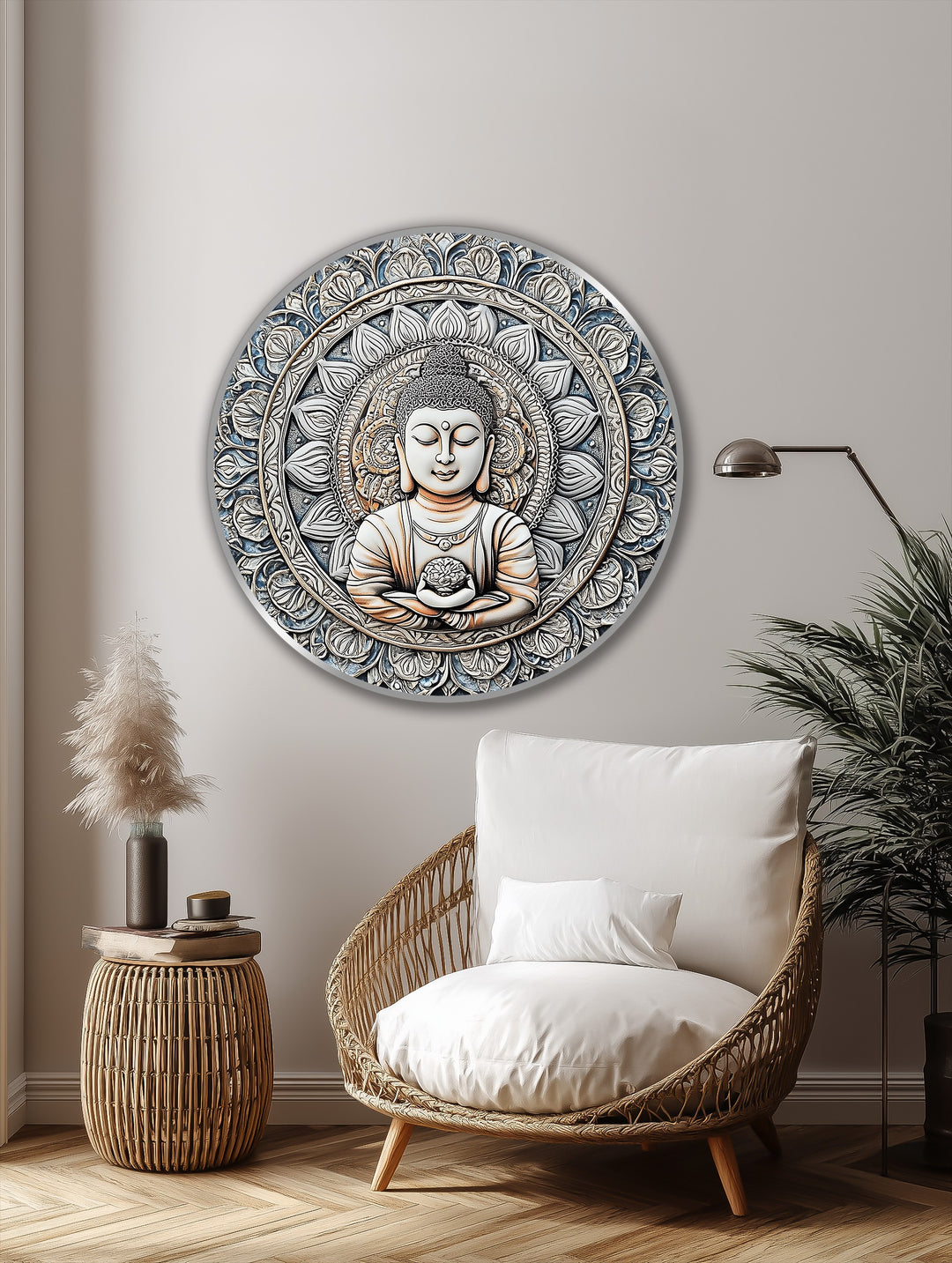 High color contrast defines this circular oil painting artwork depicting a serene Buddha mandala, creating a striking home decoration piece.