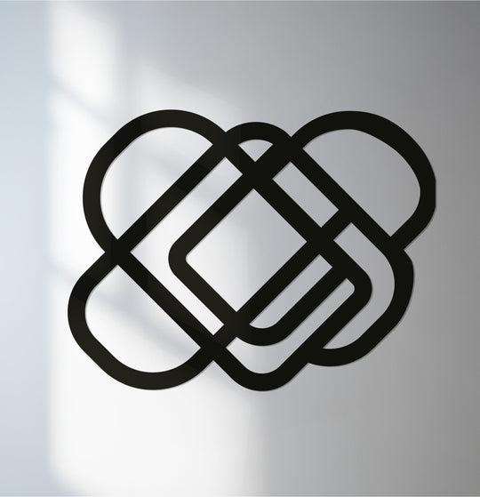 Interwoven geometric elements form a bold, minimalist pattern in this decorative metal art, creating a modern abstract design.