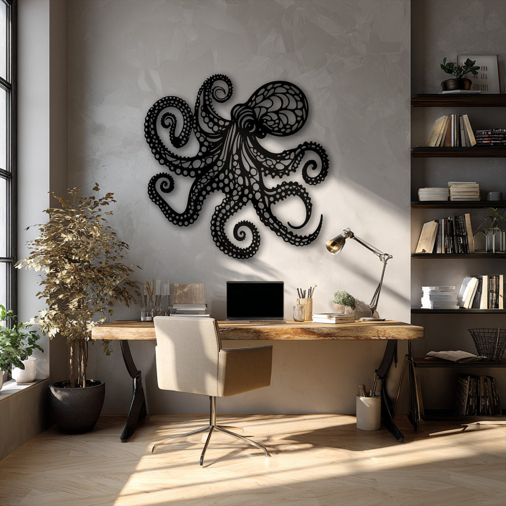 An inviting home office features a sturdy wooden desk, sleek chair, potted plant, and a magnificent Octopus unique metal wall art.