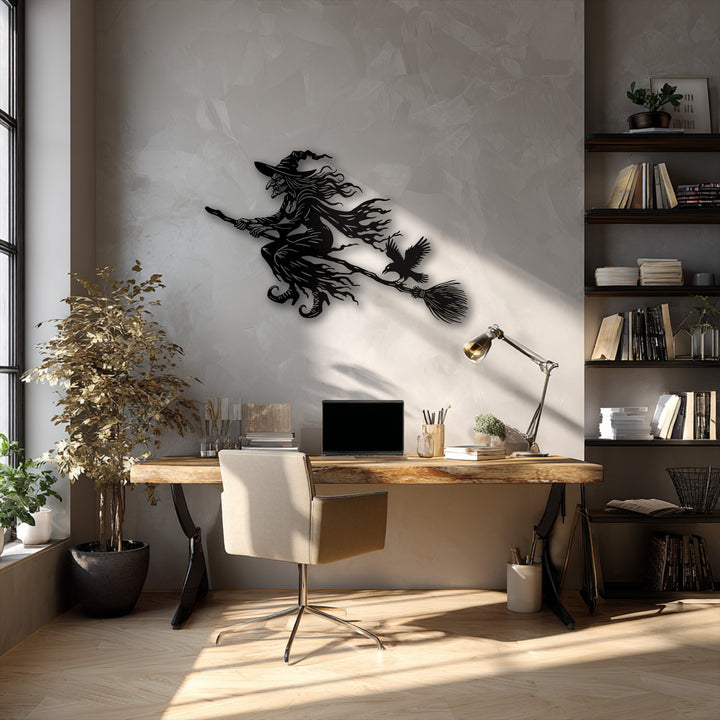 Subdued color saturation enhances the mysterious ambiance around the striking flying witch metal artwork, perfect for Halloween dark decor.
