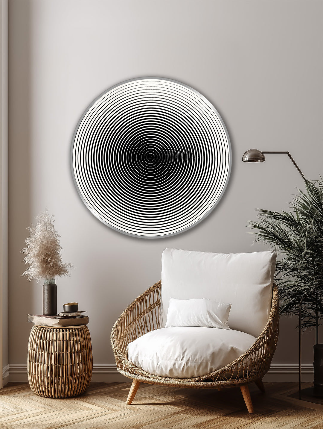 Hypnotic Lines – Minimalist Round Wooden Oil Painting Wall Art