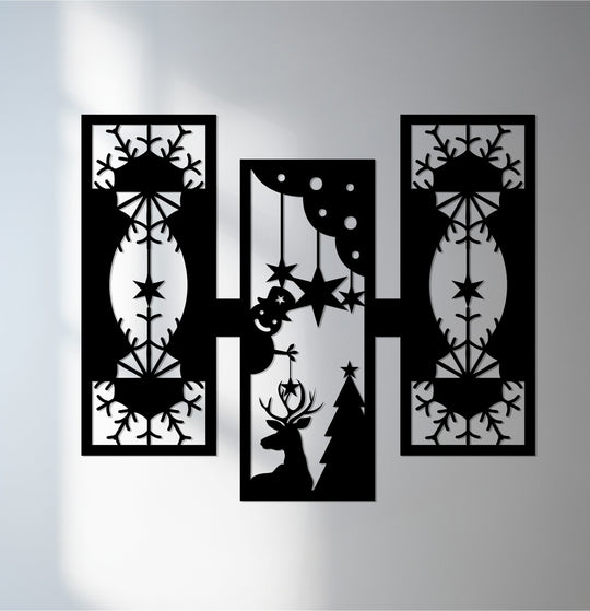 Foreground silhouette details create a striking contrast in this reindeer starlight Christmas geometric metal artwork.