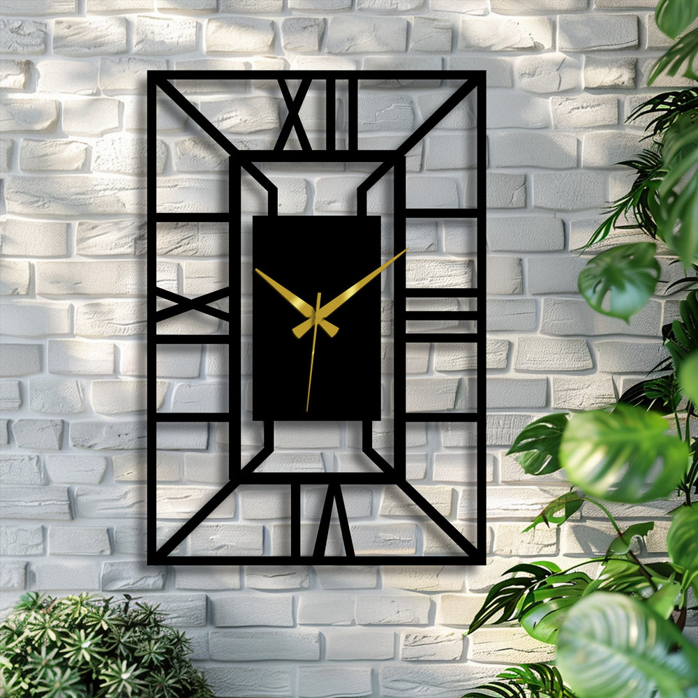 Understated color saturation highlights the architectural frame geometric metal wall clock as a compelling piece of decorative metal art against the brick backdrop.