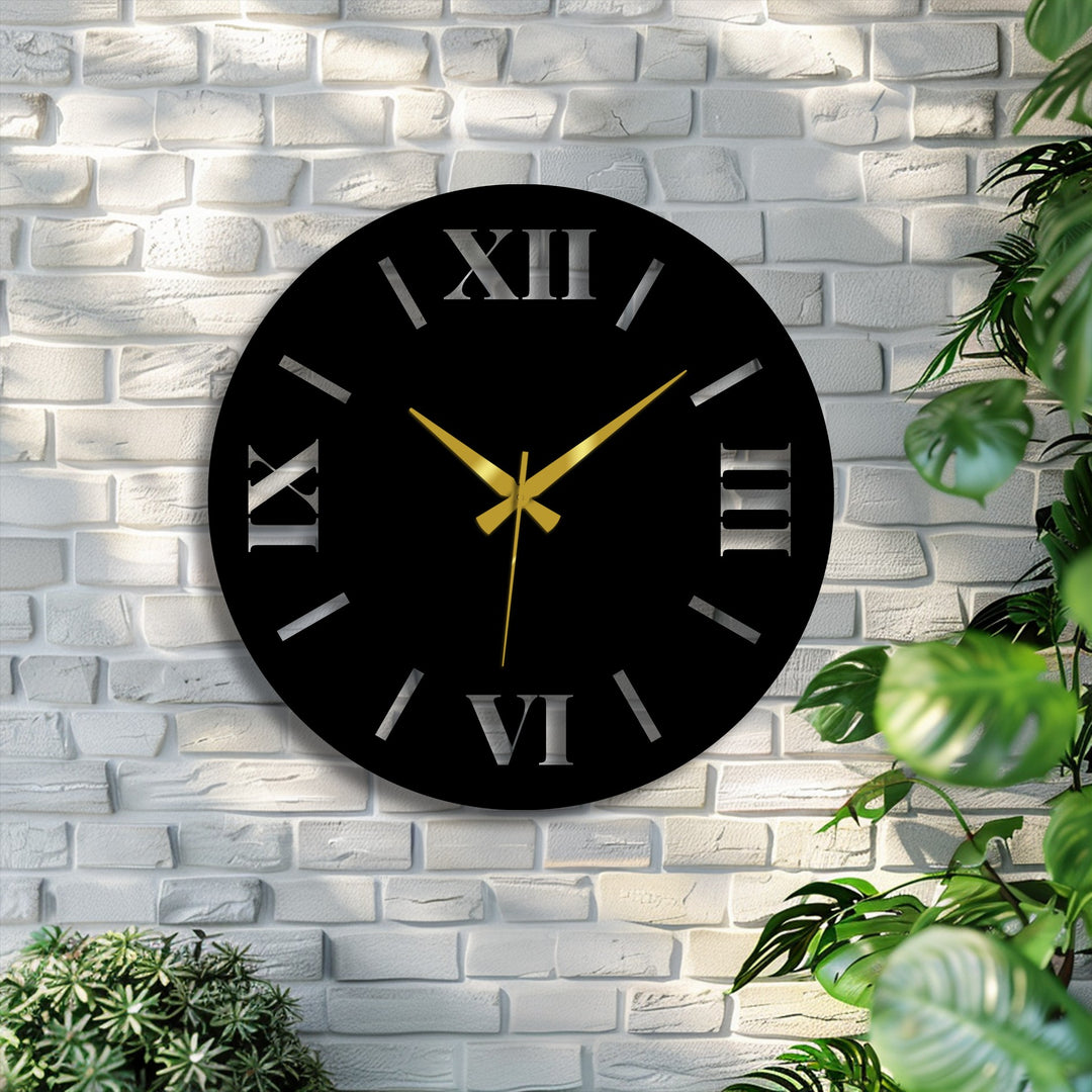 Crafted from premium metal, this modern roman numeral wall clock showcases unique metal wall art, providing a sleek and elegant touch to any room.