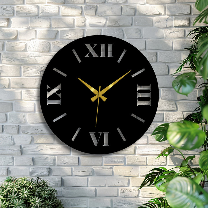 Crafted from premium metal, this modern roman numeral wall clock showcases unique metal wall art, providing a sleek and elegant touch to any room.