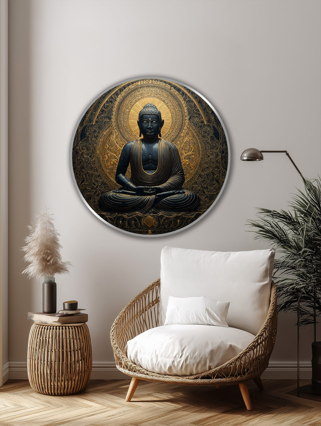 Highlighting the layering effect, this round oil painting wall art shows a Buddha surrounded by a gold mandala, creating depth and a spiritual ambiance.