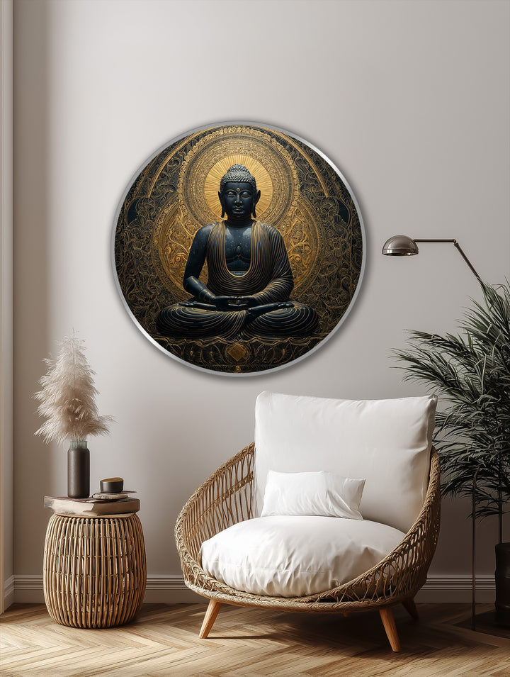 Highlighting the layering effect, this round oil painting wall art shows a Buddha surrounded by a gold mandala, creating depth and a spiritual ambiance.