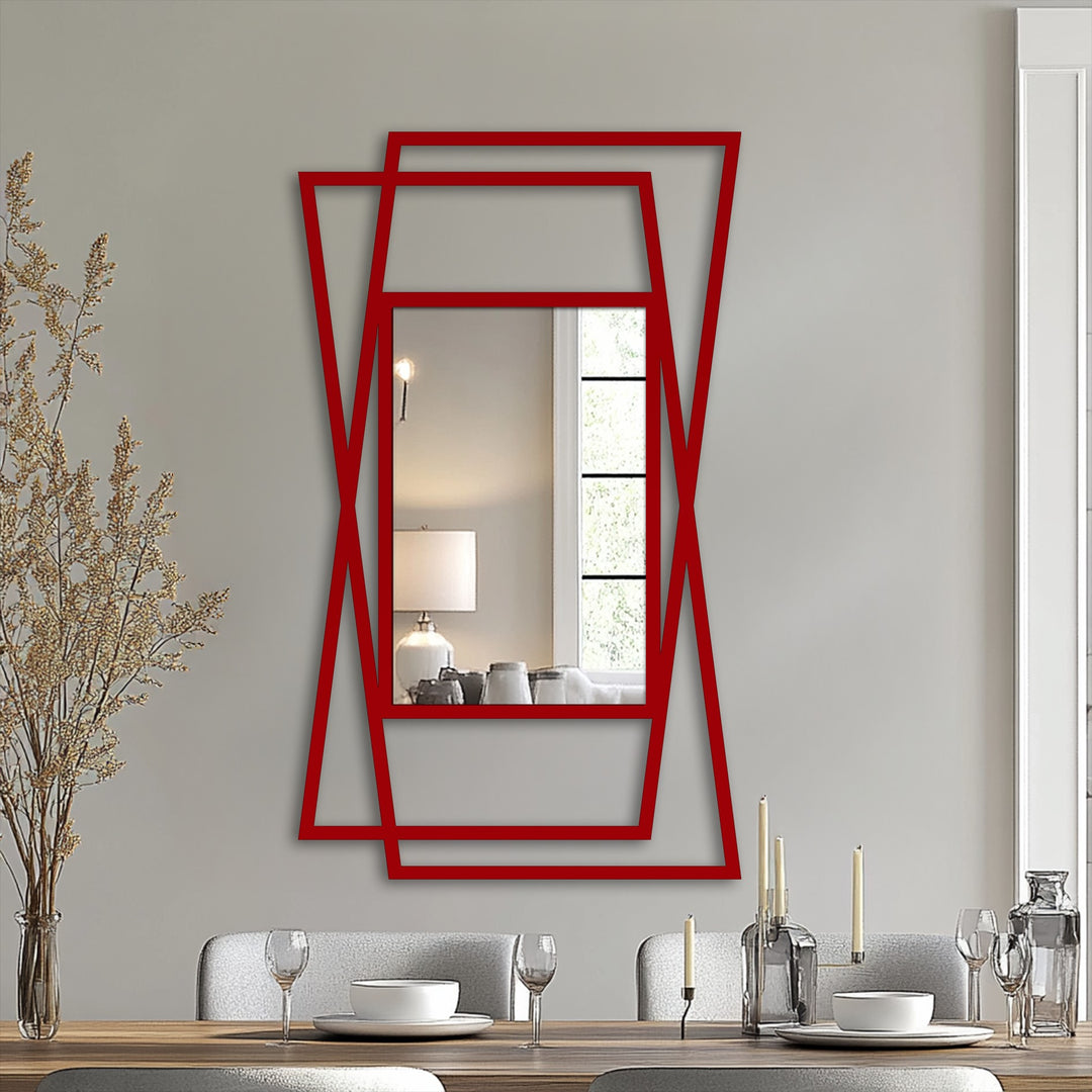 Vertically oriented decorative mirror features a striking red angular overlap geometric frame, adding modern lines and unique shape to the floor mirror design.