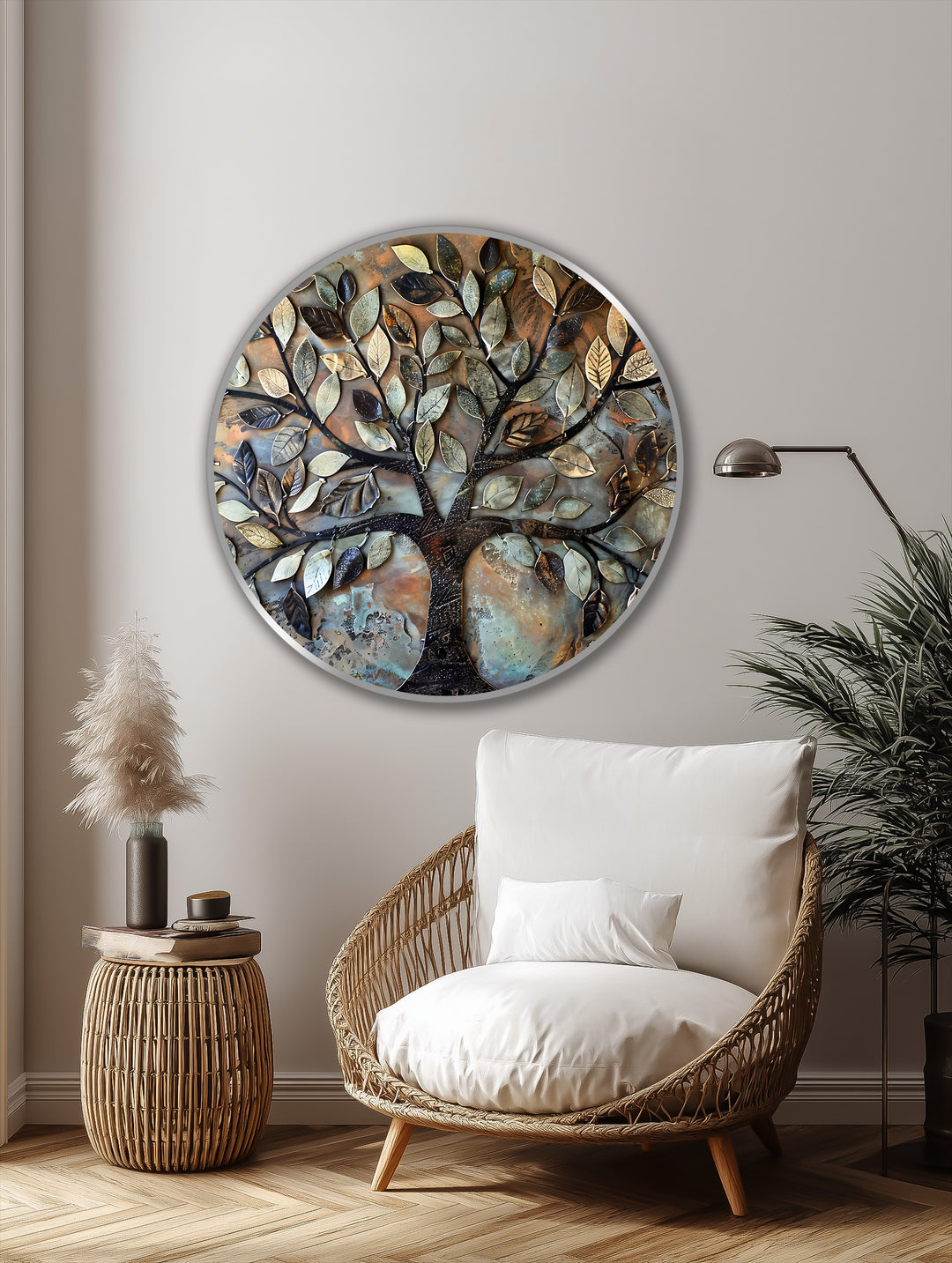 Rustic Harmony – Albero con foglie in metallo strutturato Quadro a Olio