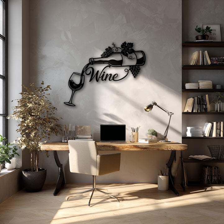 Striking color contrast in a metal artwork featuring a black wine bottle pouring into a glass against a textured, light gray wall.
