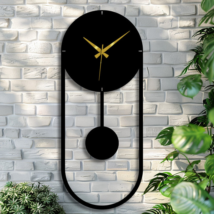 Dominating the scene, the sleek, black minimalist pendulum metal wall clock makes a bold statement of modern style in contemporary metal wall decor.