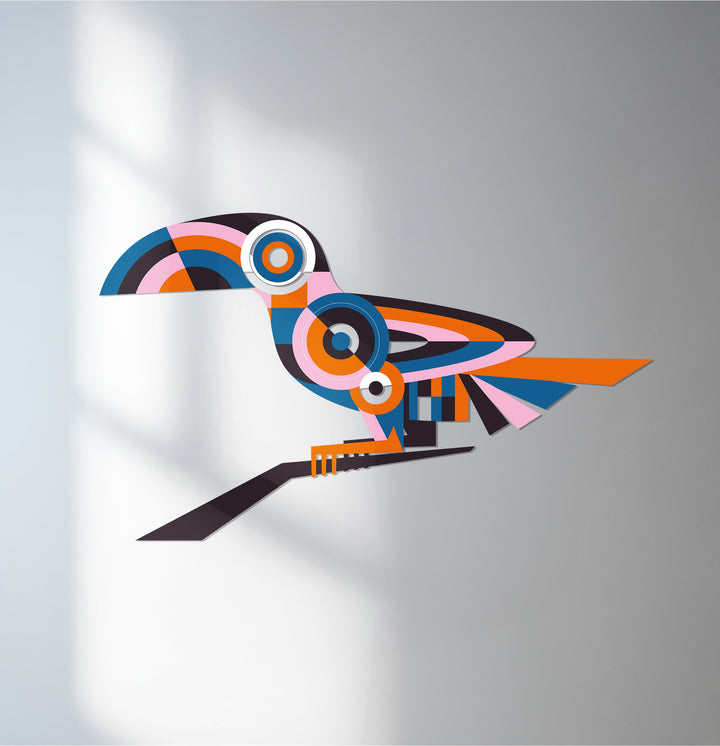 Abstract toucan metal wall art in colorful geometric design