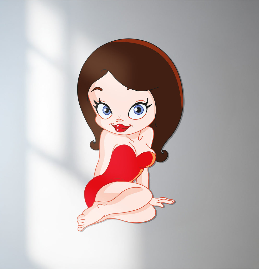 Cartoon woman metal wall art with red dress design