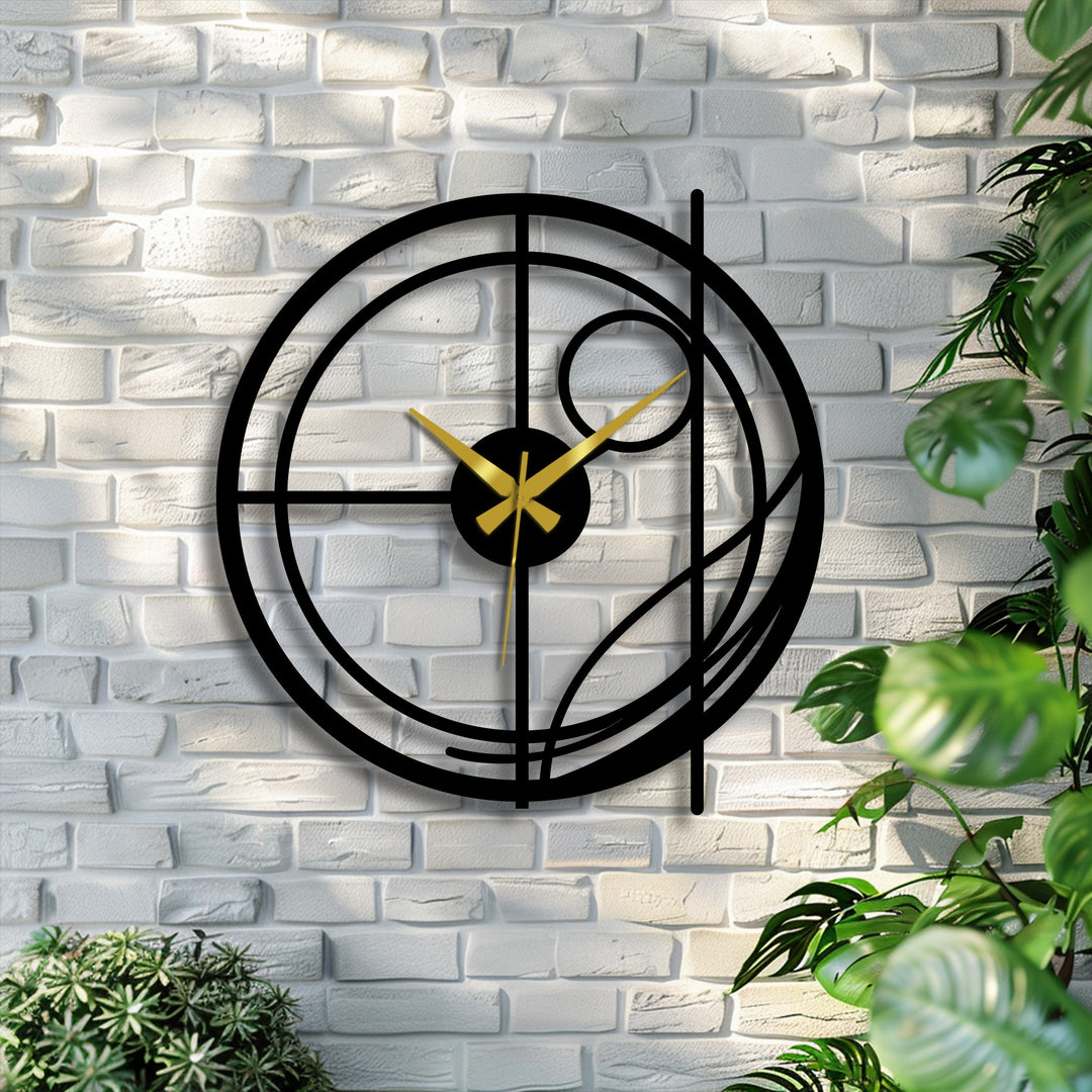 Bold black lines define this modern metal art for wall clock, drawing immediate attention against the white brick, a striking timepiece.