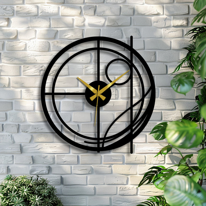 Bold black lines define this modern metal art for wall clock, drawing immediate attention against the white brick, a striking timepiece.