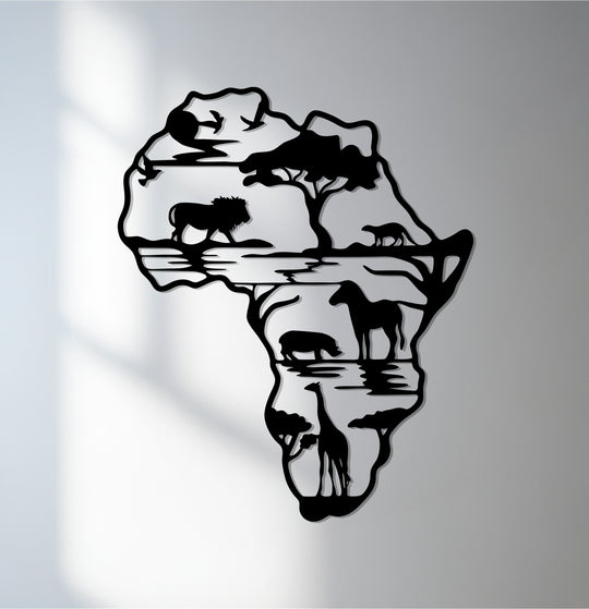 Silhouetted African continent with safari animals is a striking piece of metal art for wall, perfect for adding a touch of wilderness to your living space.