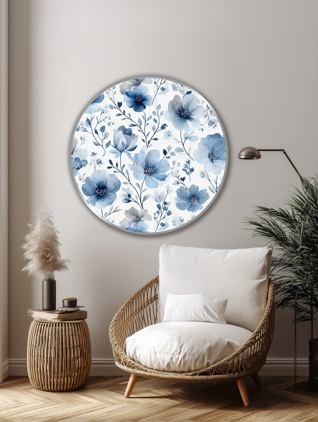 The modern oil painting art features a soft blue botanical pattern in a round format, drawing the eye to the intricate details of each delicate floral design.