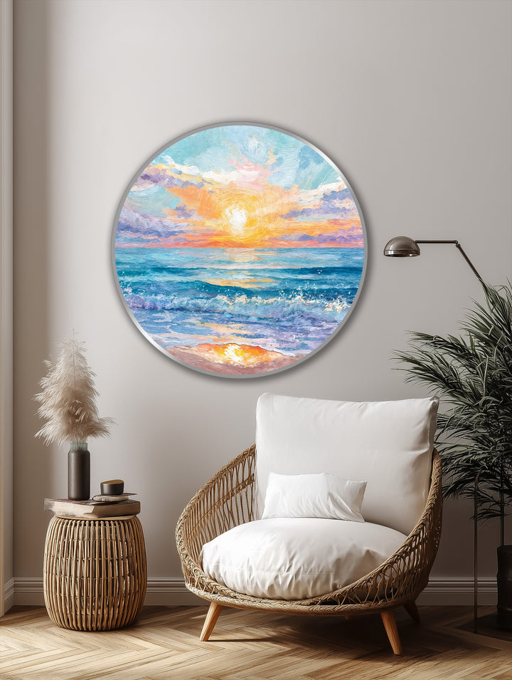 Warm, golden tones dominate the 'Golden Horizon' oil painting reproduction print, radiating from the vibrant seaside sunrise with soft blues cooling the ocean waves.