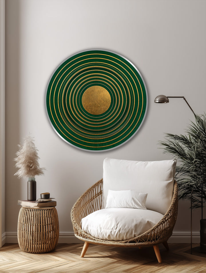 Loudest, the central gold orb anchors this emerald orbit rings oil painting reproduction print, commanding attention with its radiant, geometric design and luxurious aesthetic.