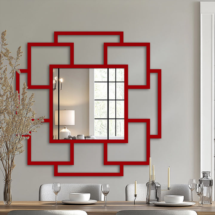 Reflecting the room in its center, the Cascade Squares bathroom mirror layers a geometric pattern with clean lines that draws attention as the focal point.