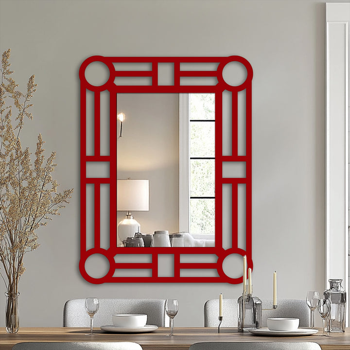 Crimson dominates this geometric circle accent metal wall mirror, creating a bold statement in modern metal wall decor with its symmetrical design.