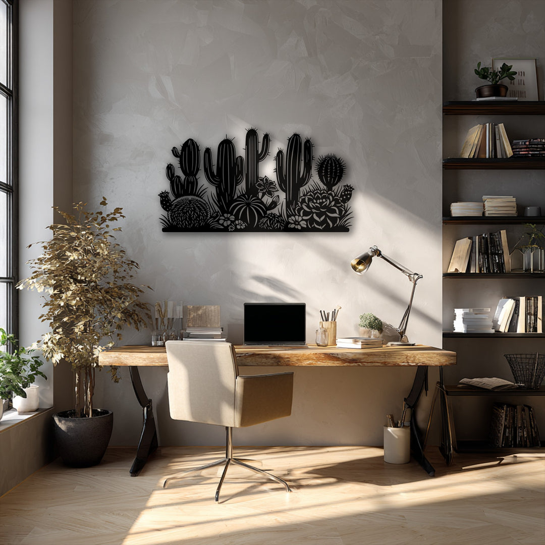A calm and inviting mood fills the space, highlighted by the intricate desert cactus garden silhouette metal artwork.