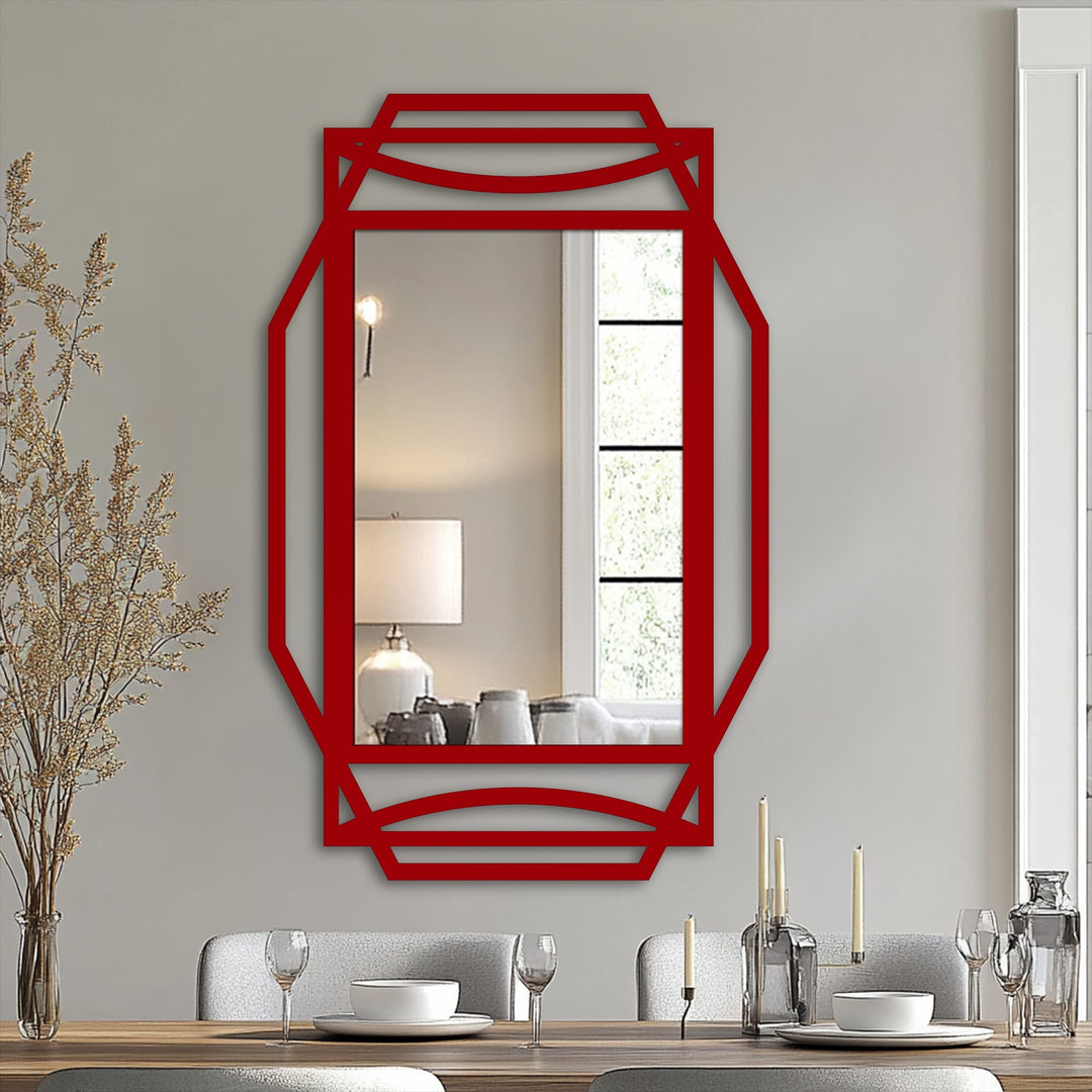 Reflected light and shadow play across the Art Deco rectangular floor modern mirror, highlighting its geometric frame and the soft illumination of the interior setting.