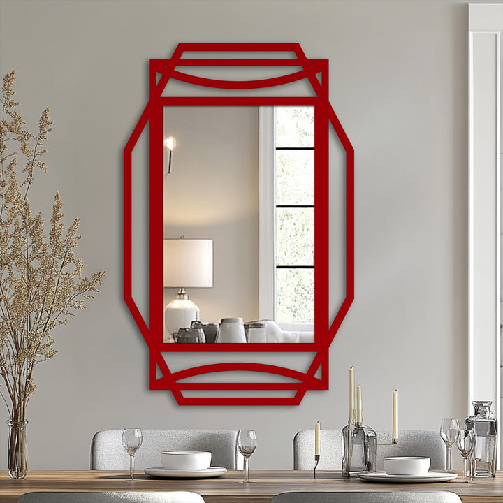 Reflected light and shadow play across the Art Deco rectangular floor modern mirror, highlighting its geometric frame and the soft illumination of the interior setting.