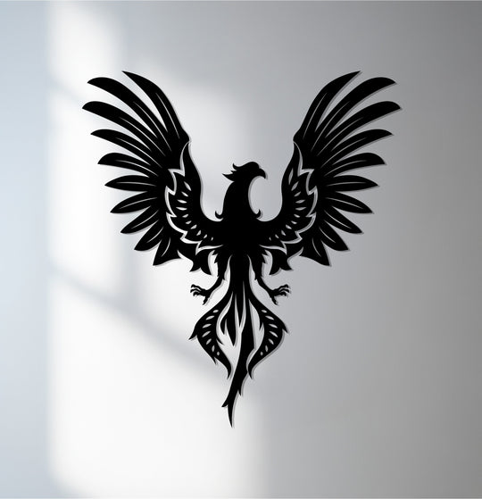Bold and captivating, the phoenix metal artwork's silhouette radiates a feeling of strength and mystical rebirth against the softly lit backdrop.