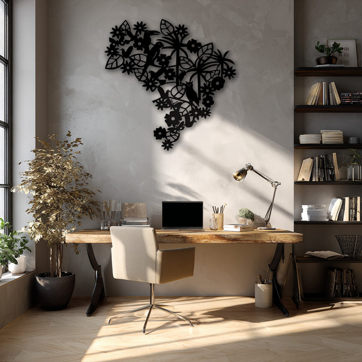 The rugged, uneven plaster wall creates a striking backdrop for the smooth, intricate silhouette of the unique metal wall art with a floral bird design.