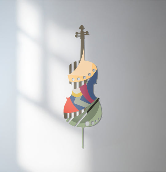 Featuring depth and layers, this unique metal wall art showcases an abstract violin design with colorful geometric shapes, creating a striking piece of modern musical decor.