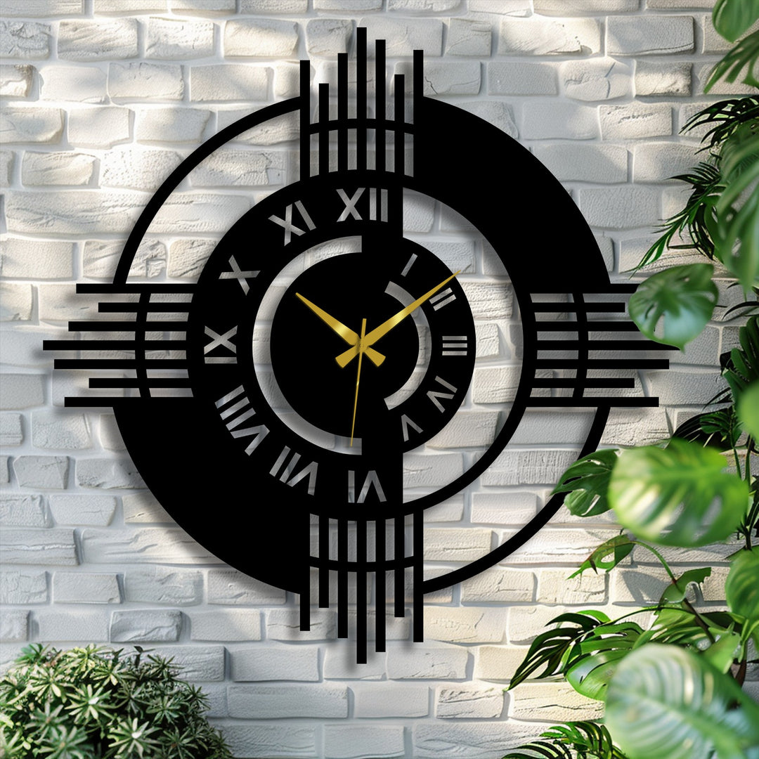 Textured geometric patterns define the black, laser-cut surface of this modern Roman numeral metal wall clock, a striking example of metal art for wall decor.