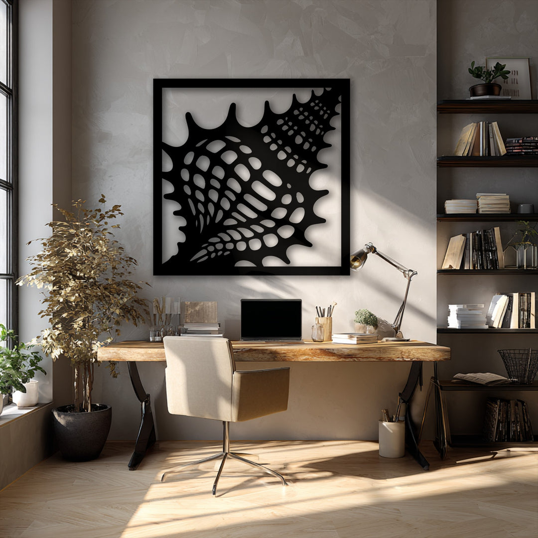 Dynamic, perforated surface texture defines the black seashell metal wall decor, creating an intricate visual against a textured wall.