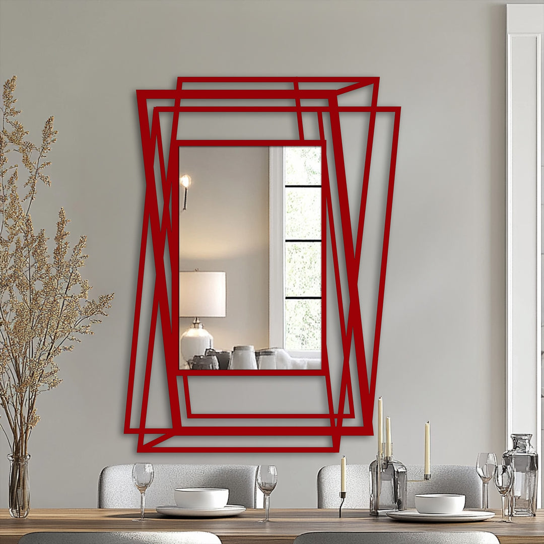 Crimson decorative metal art accentuates the multi-layered finish of this abstract geometric floor mirror with overlapping metal lines.