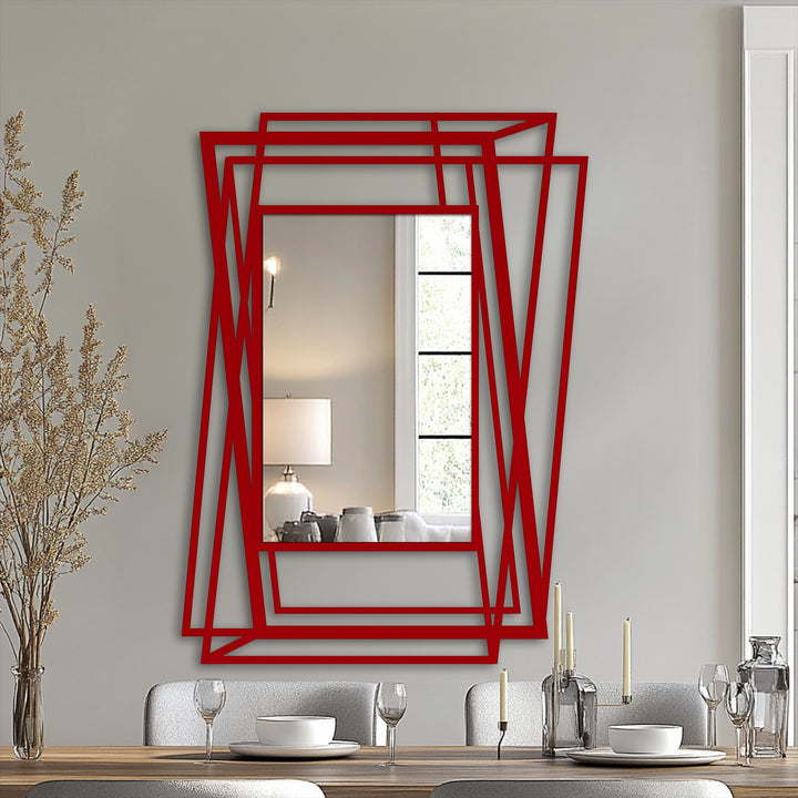 Crimson decorative metal art accentuates the multi-layered finish of this abstract geometric floor mirror with overlapping metal lines.