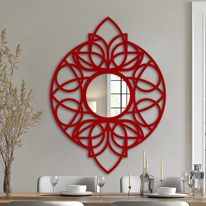 Smooth surface texture highlights the circular mandala's patterned details of this modern wall mirrors design, enhancing the reflective center.