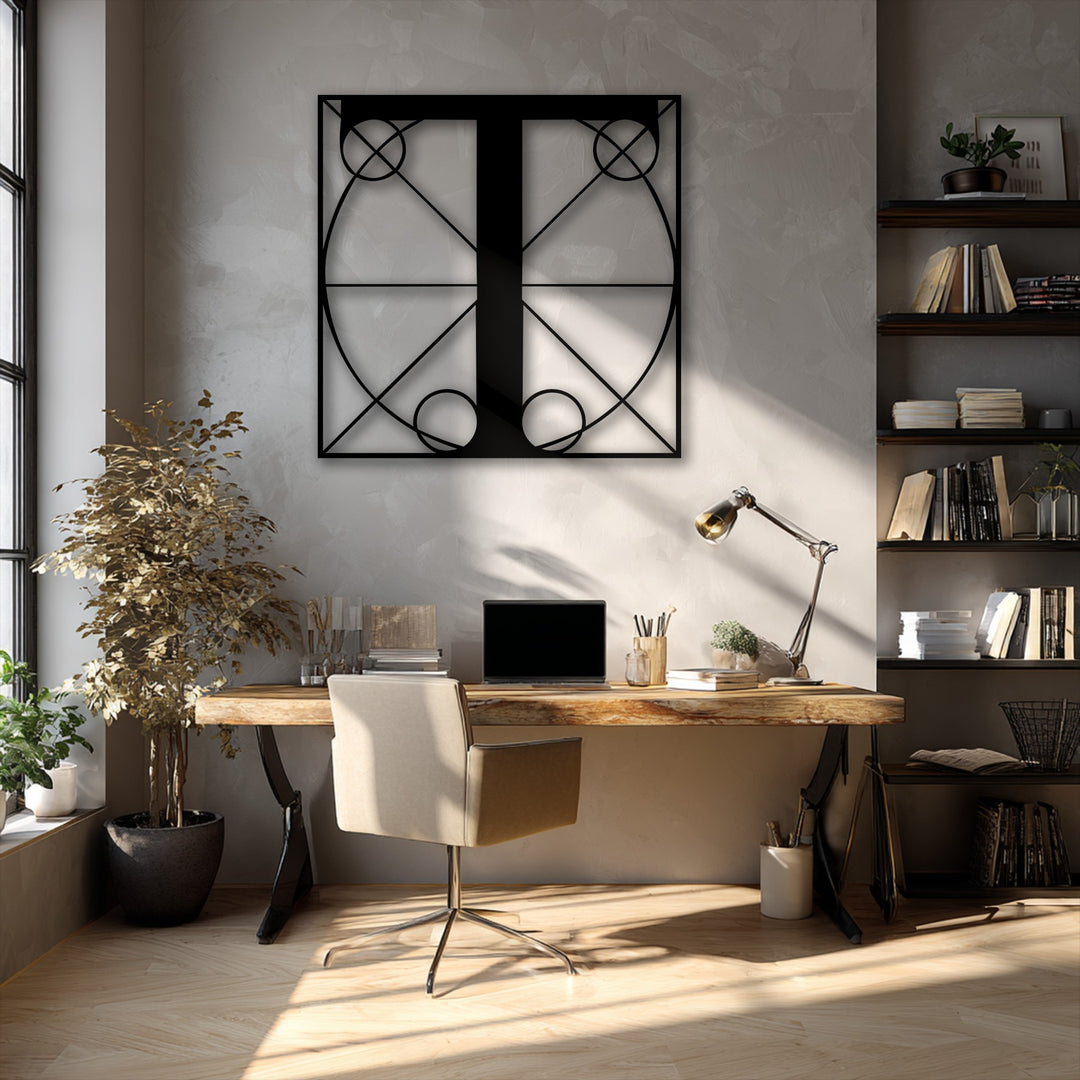 A bold, black geometric letter T unique metal wall art piece with an intricate line design prominently displayed on a textured wall.