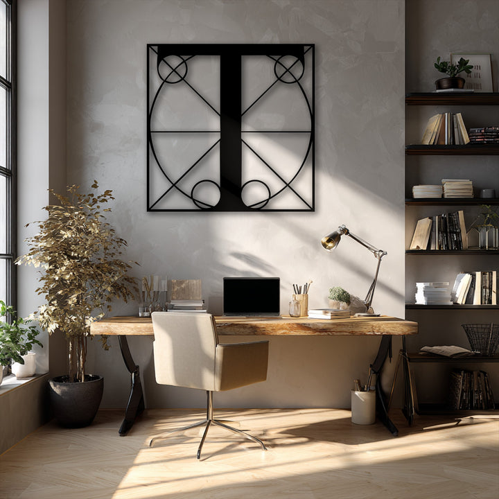 A bold, black geometric letter T unique metal wall art piece with an intricate line design prominently displayed on a textured wall.