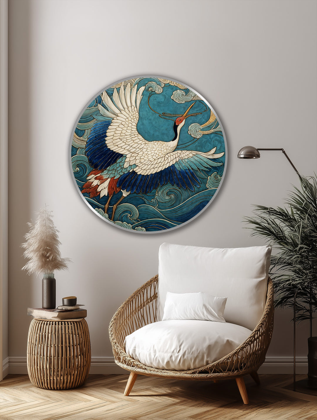 Cool tones of turquoise and blue dominate this round oil painting art prints, depicting a crane in flight over ocean waves.