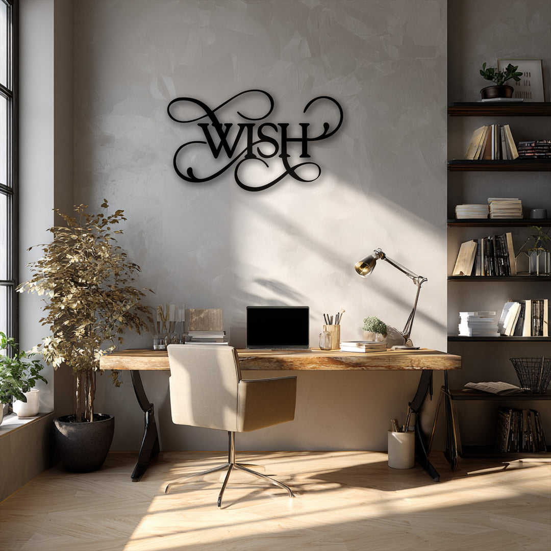 Stillness pervades the home office, highlighted by the intricate Wish metal wall decor on the softly lit textured wall.