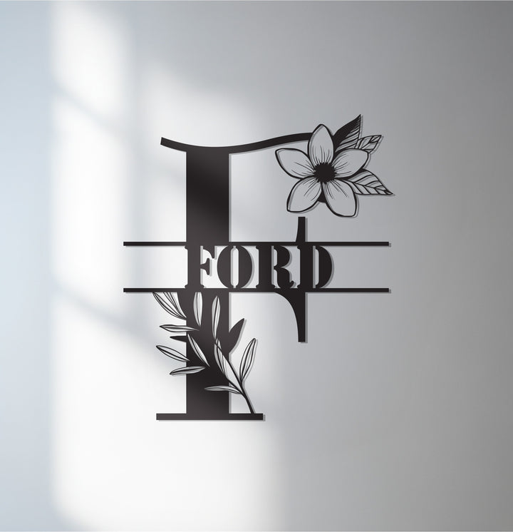 Personalized floral monogram metal wall art with name