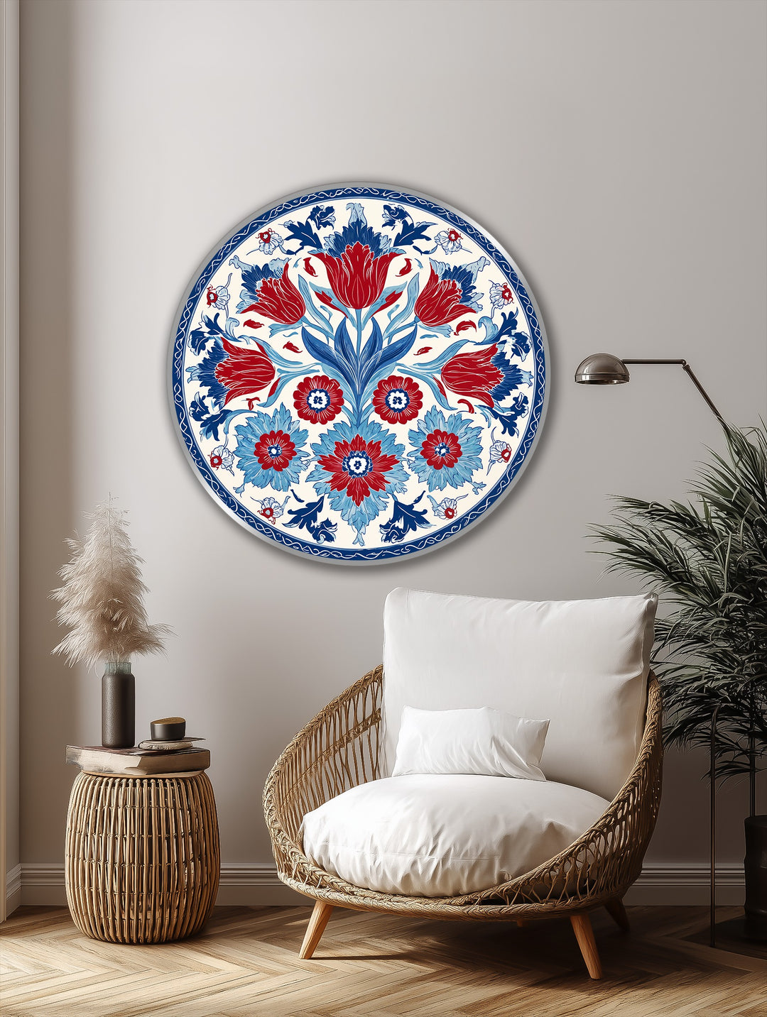 Organic forms take center stage in this round oil painting home decor, displaying a vibrant Ottoman floral motif with bold, stylized red and blue botanical details.