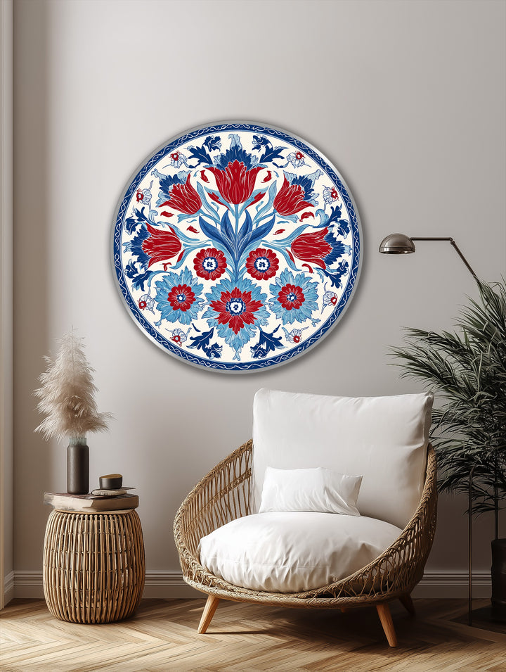 Organic forms take center stage in this round oil painting home decor, displaying a vibrant Ottoman floral motif with bold, stylized red and blue botanical details.