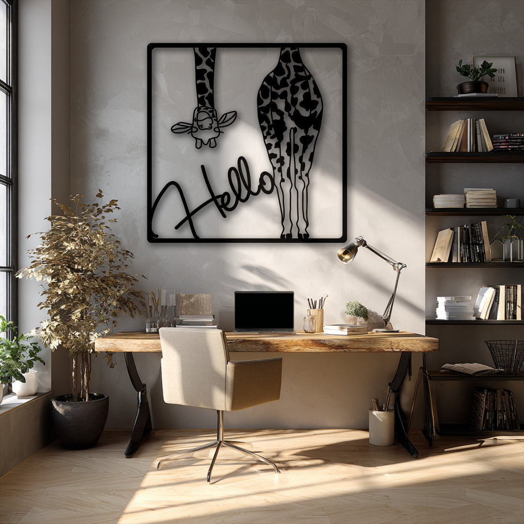 The distinct black edge and borders frame this unique metal wall art, depicting a playful giraffe with 'Hello' text.
