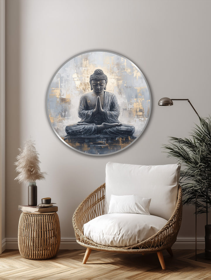 Softly textured neutral tones and brushstrokes in the background enhance the serene focus of the Sacred Serenity oil painting art prints of a meditating Buddha.